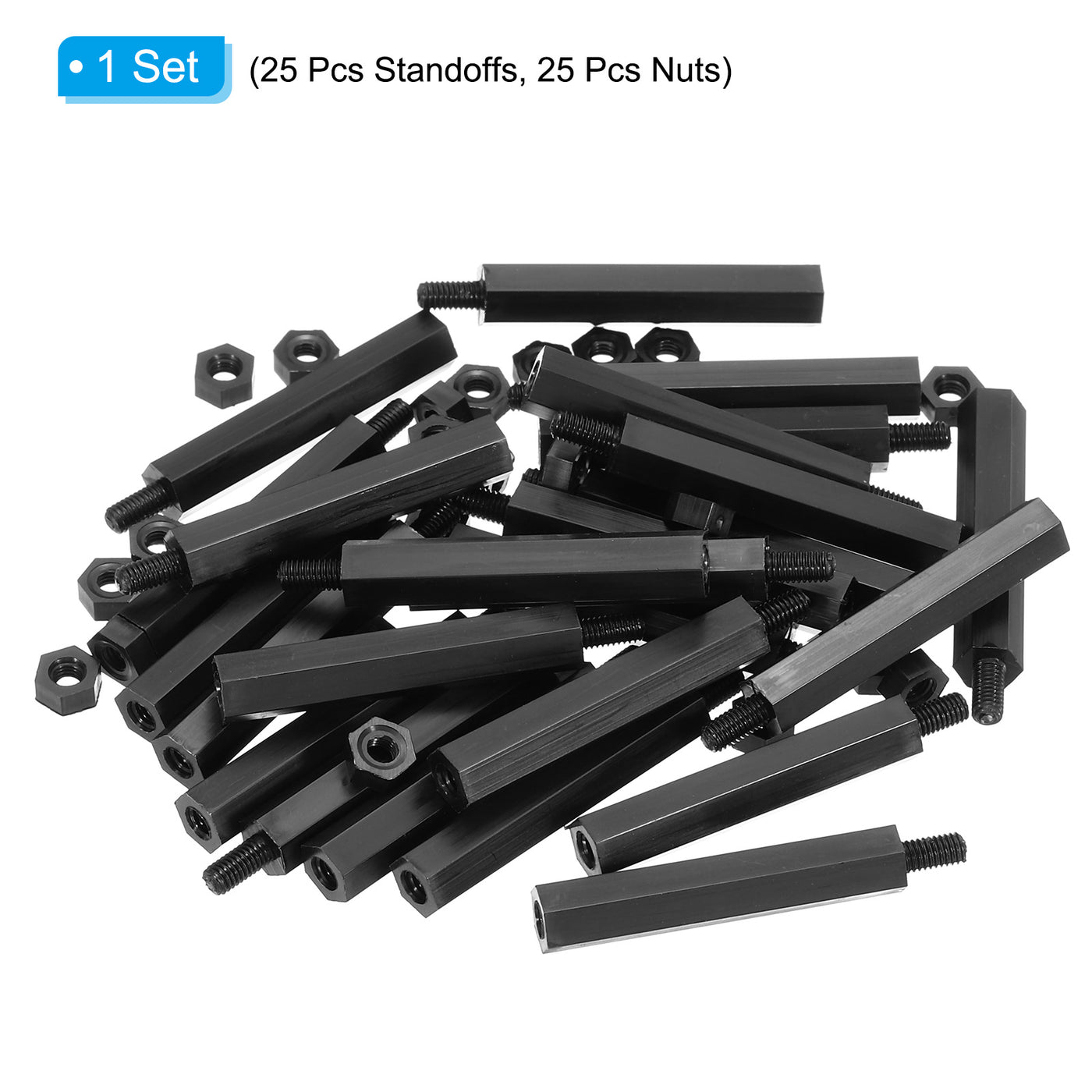 Harfington M3 Nylon Hex Standoff Screws Nuts, 50Pack PCB Threaded Kit(32mm+5mm, Black)