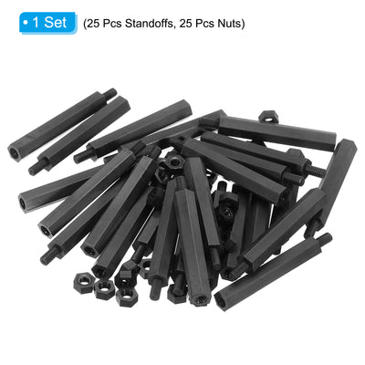 Harfington M3 Nylon Hex Standoff Screws Nuts, 50Pack PCB Threaded Kit(35mm+5mm, Black)