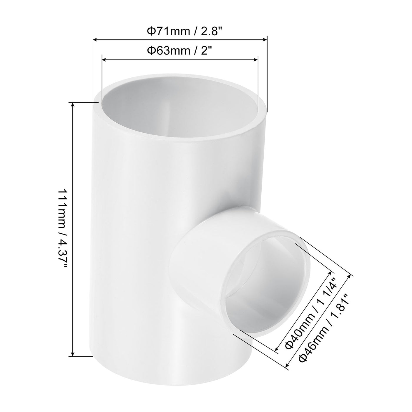 Harfington 2" x 1 1/4" 3 Way Tee Pipe Fittings UPVC, Joint Coupling Pipe Adapter, White