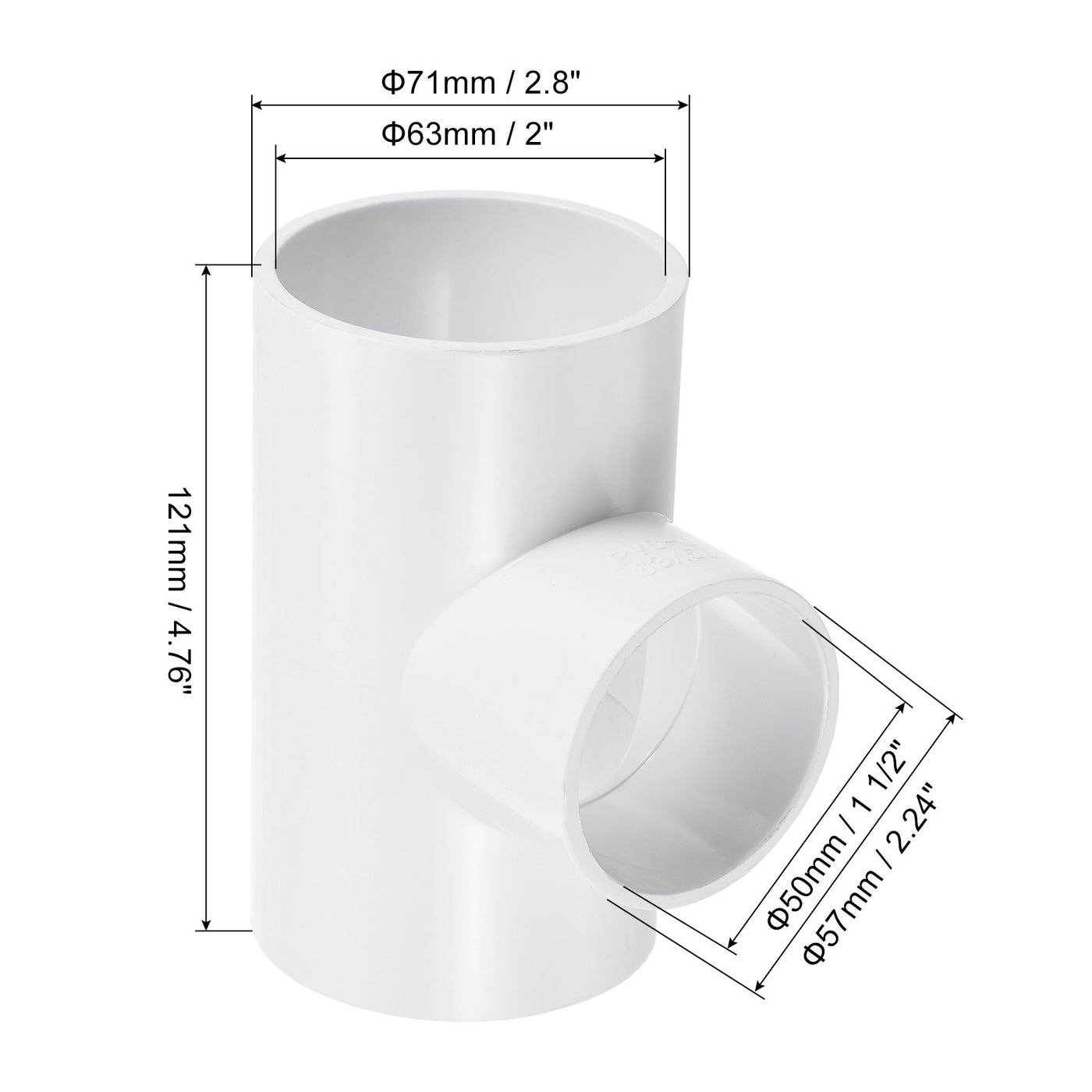 Harfington 2" x 1 1/2" 3 Way Tee Pipe Fittings UPVC, Joint Coupling Pipe Adapter, White