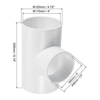 Harfington 4" x 3" 3 Way Tee Pipe Fittings UPVC, Joint Coupling Pipe Adapter, White