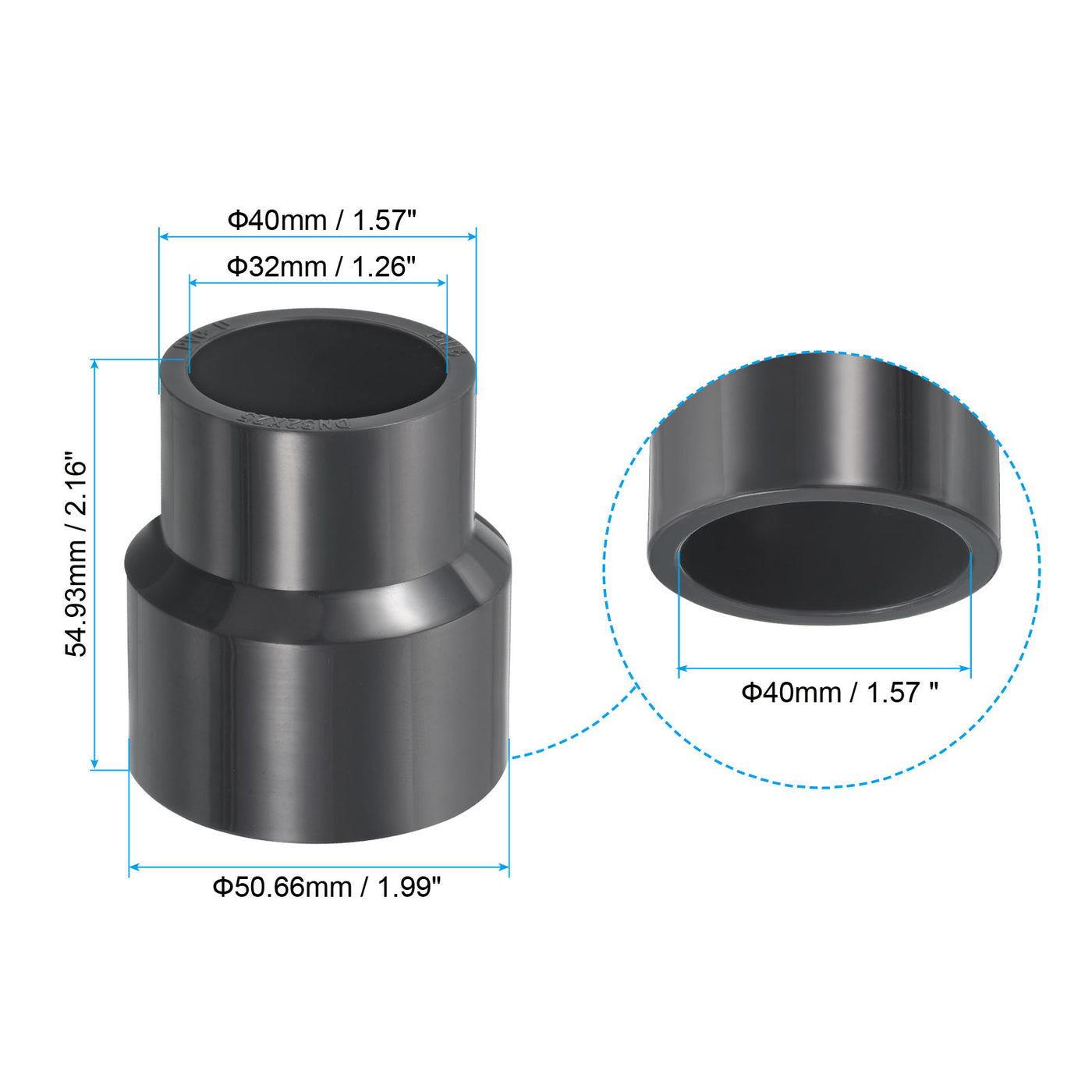 Harfington UPVC Reducer Pipe Fitting 1.6x1.3 Inch Socket, 2 Pack Straight Coupling Adapter Connector, Grey