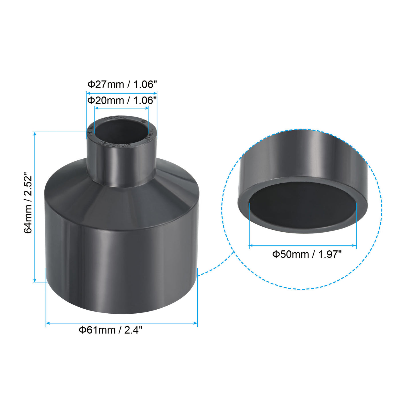 Harfington UPVC Reducer Pipe Fitting 2x0.8 Inch Socket, 3 Pack Straight Coupling Adapter Connector, Grey