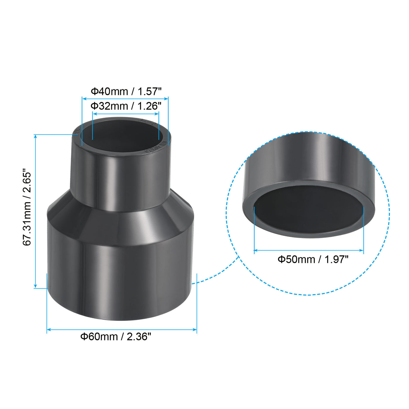 Harfington UPVC Reducer Pipe Fitting 2x1.3 Inch Socket, Straight Coupling Adapter Connector, Grey