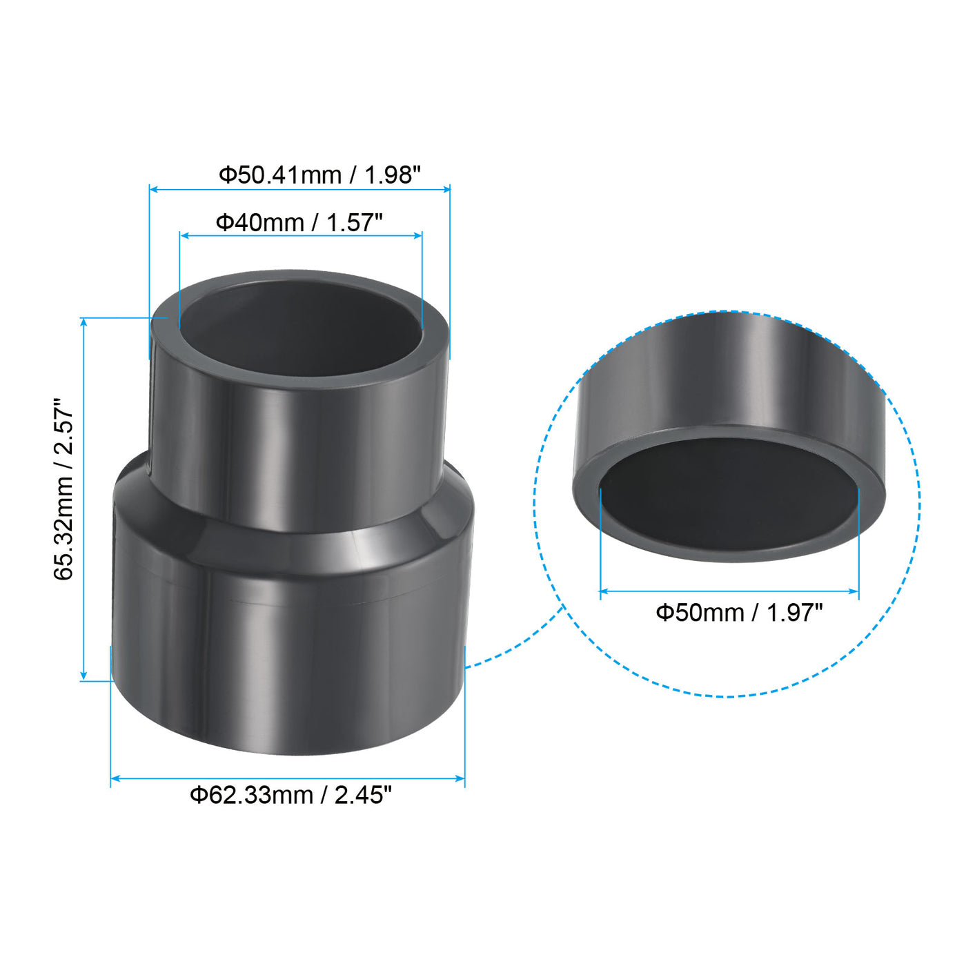 Harfington UPVC Reducer Pipe Fitting 2x1.6 Inch Socket, Straight Coupling Adapter Connector, Grey