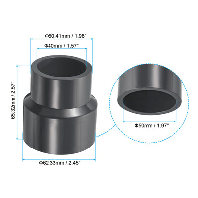 Harfington UPVC Reducer Pipe Fitting 2x1.6 Inch Socket, 2 Pack Straight Coupling Adapter Connector, Grey