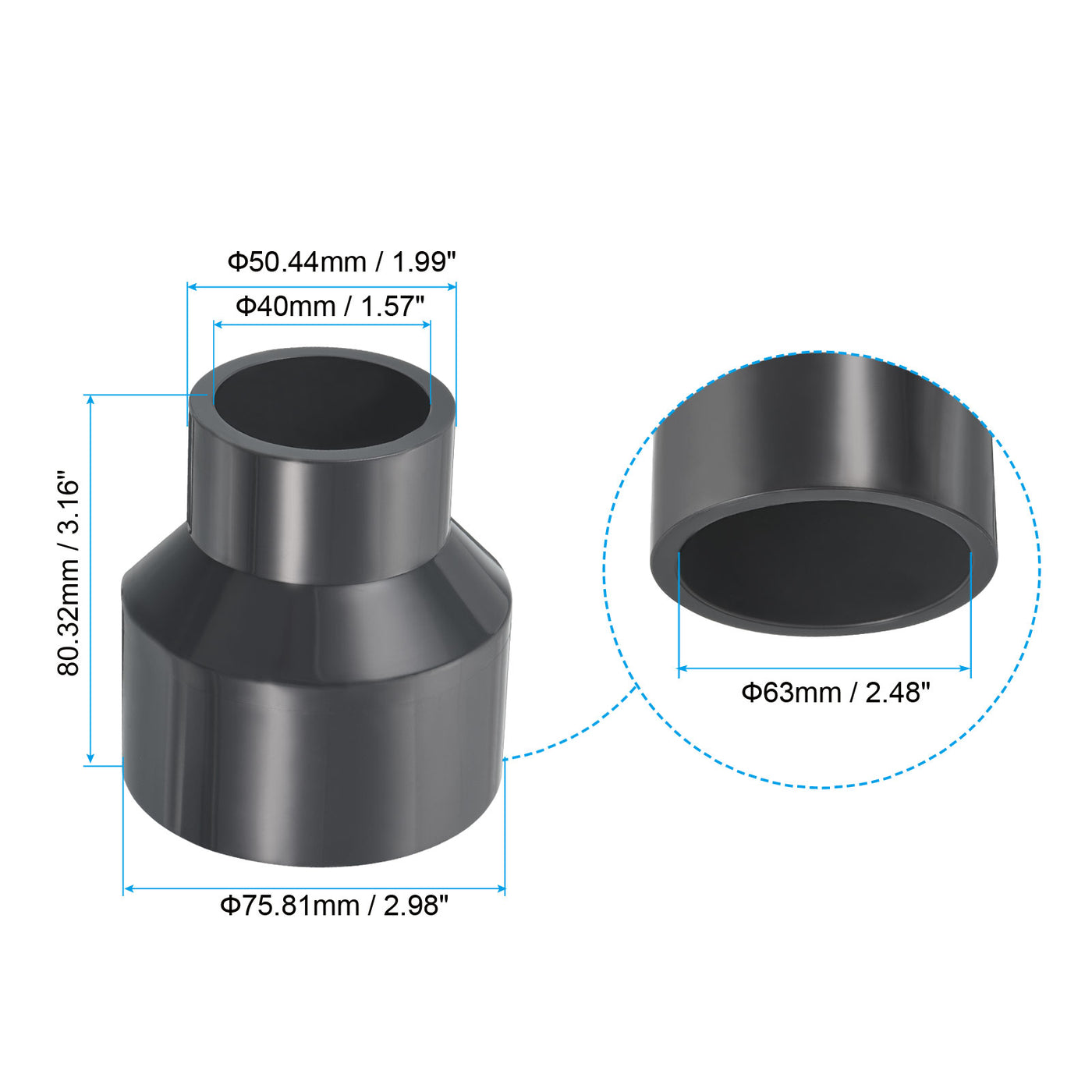 Harfington UPVC Reducer Pipe Fitting 2.5x1.6 Inch Socket, 2 Pack Straight Coupling Adapter Connector, Grey