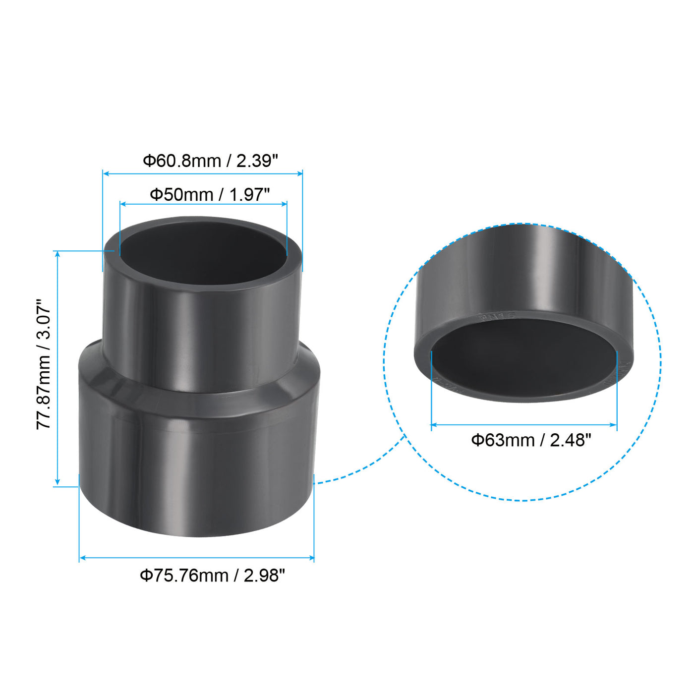 Harfington UPVC Reducer Pipe Fitting 2.5x2 Inch Socket, Straight Coupling Adapter Connector, Grey