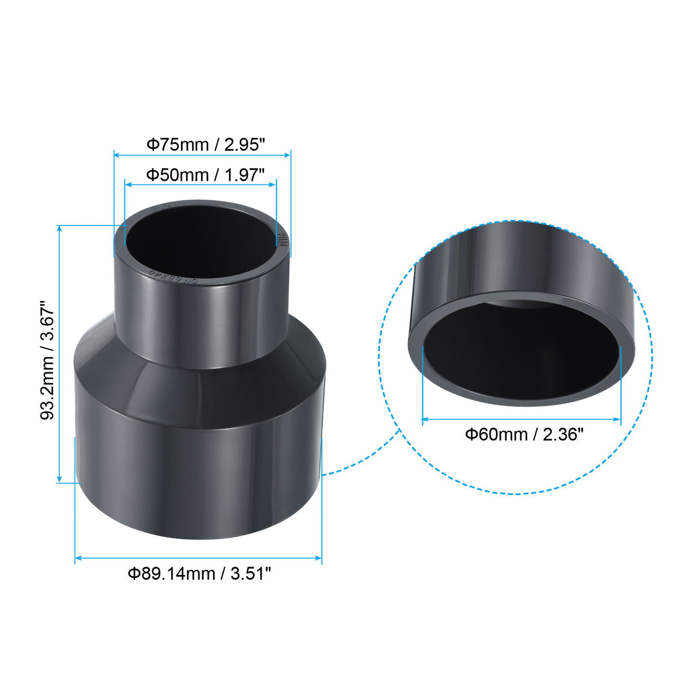 Harfington UPVC Reducer Pipe Fitting 3x2 Inch Socket, 2 Pack Straight Coupling Adapter Connector, Grey