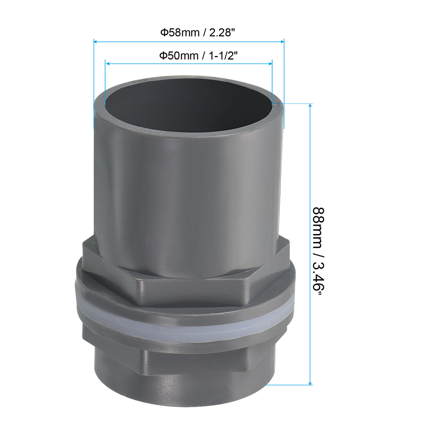 Harfington PVC Water Tank Pipe Fitting 1-1/2" ID DN40, Straight Tube Adapter Connector, Grey