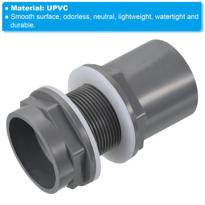 Harfington PVC Water Tank Pipe Fitting 1-1/2" ID DN40, 2 Pack Straight Tube Adapter Connector, Grey
