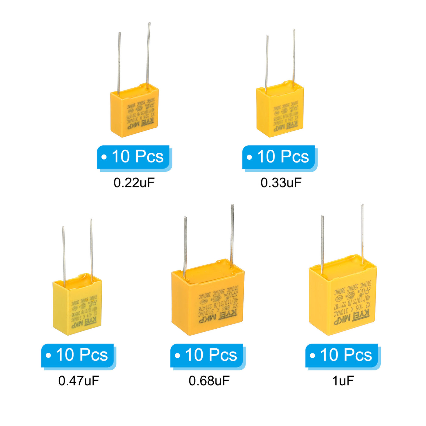 Harfington Safety Capacitors, 1 Set/50 Pcs 0.22/0.33/0.47/0.68/1uF AC 310V 5 Values Polypropylene Film Capacitor Assortment Kit