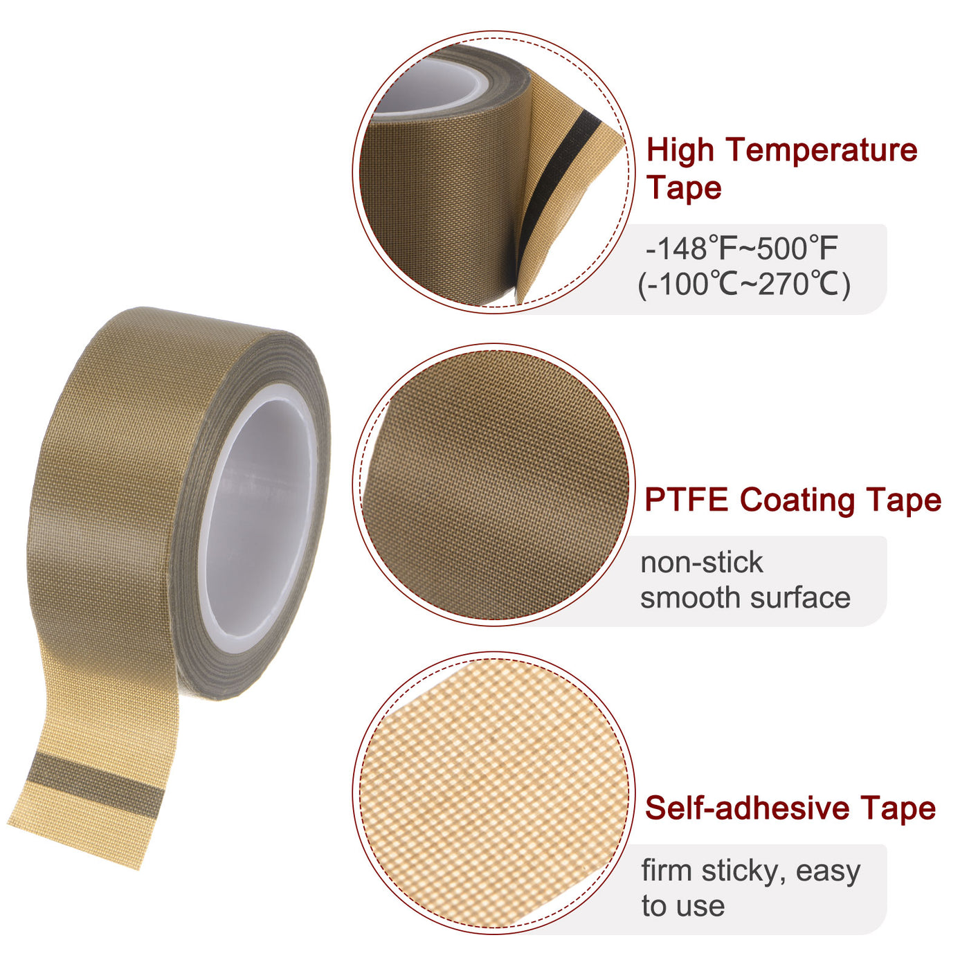Harfington Fabric PTFE Tape 1"x33ft PTFE Adhesive Tape 0.13mm Thickness Brown