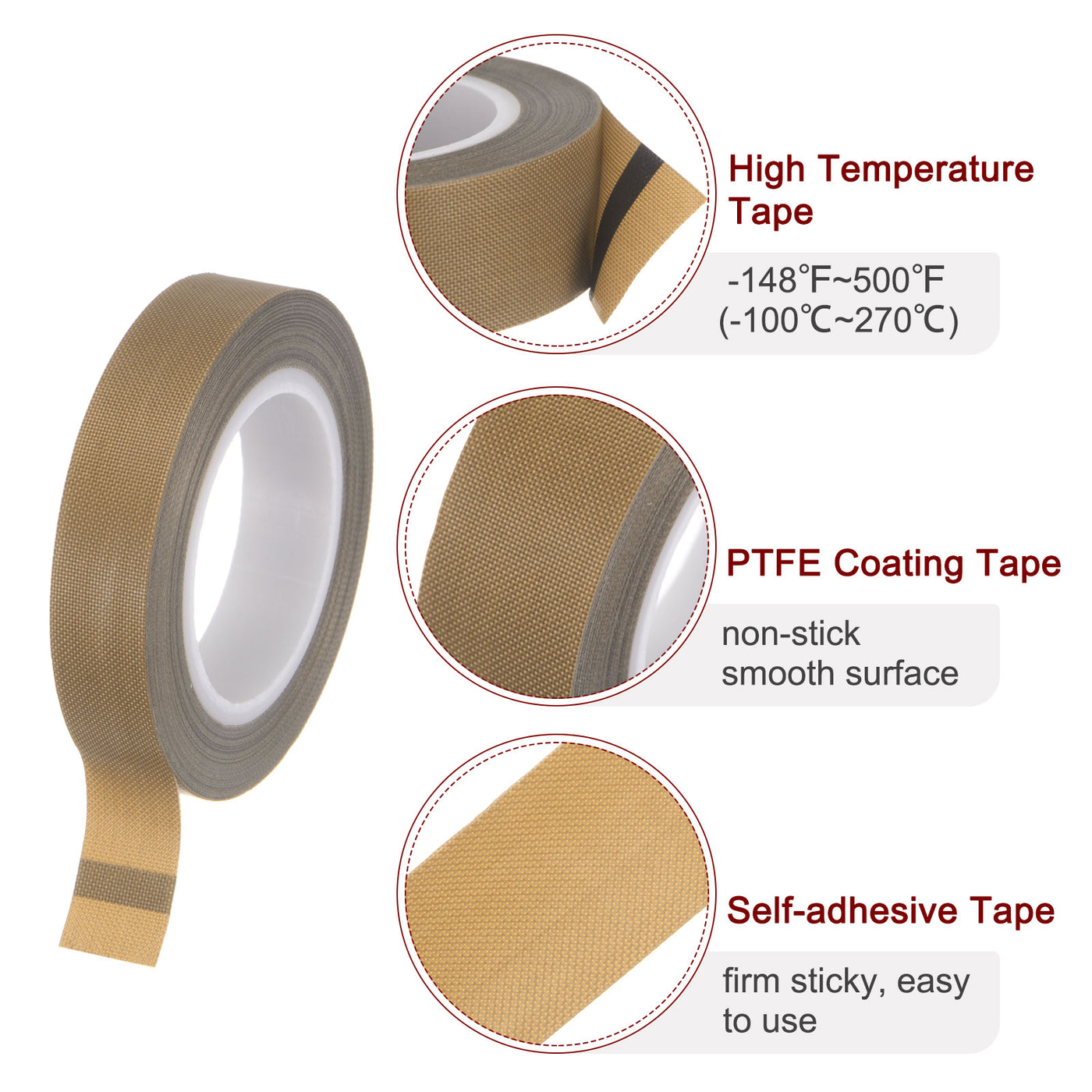 Harfington Fabric PTFE Tape 0.5"x33ft PTFE Adhesive Tape 0.18mm Thickness Brown