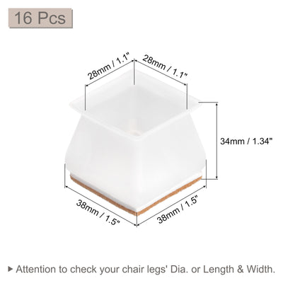 Harfington Uxcell Chair Leg Floor Protectors, 16Pcs 28mm(1.1") Square Silicone & Felt Chair Leg Cover Caps for Hardwood Floors (White)