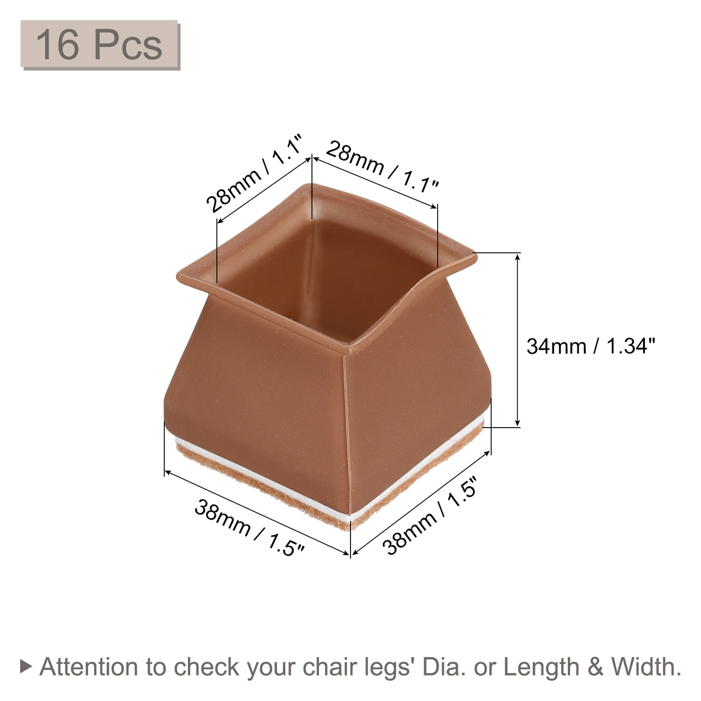 uxcell Uxcell Chair Leg Floor Protectors, 16Pcs 28mm(1.1") Square Silicone & Felt Chair Leg Cover Caps for Hardwood Floors (Coffee)