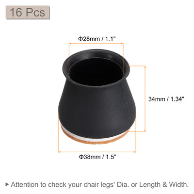 Harfington Uxcell Chair Leg Floor Protectors, 16Pcs 28mm(1.1") Silicone & Felt Chair Leg Cover Caps for Hardwood Floors (Black)