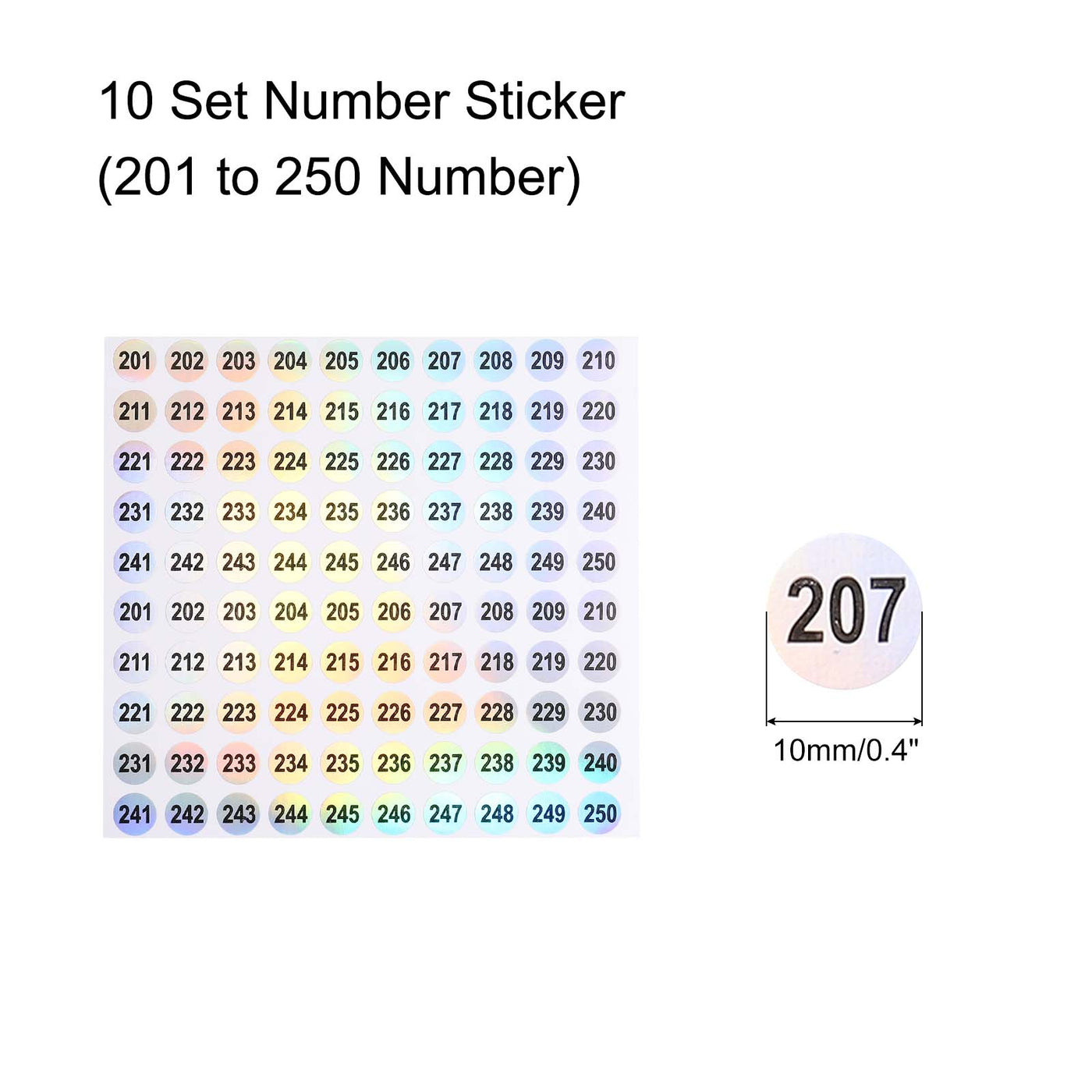 Harfington Laser Number Stickers, Number 201 to 250 Round Self Adhesive Reflective Sticker for Inventory, Storage Organizing, 10 Sheets(1000pcs)