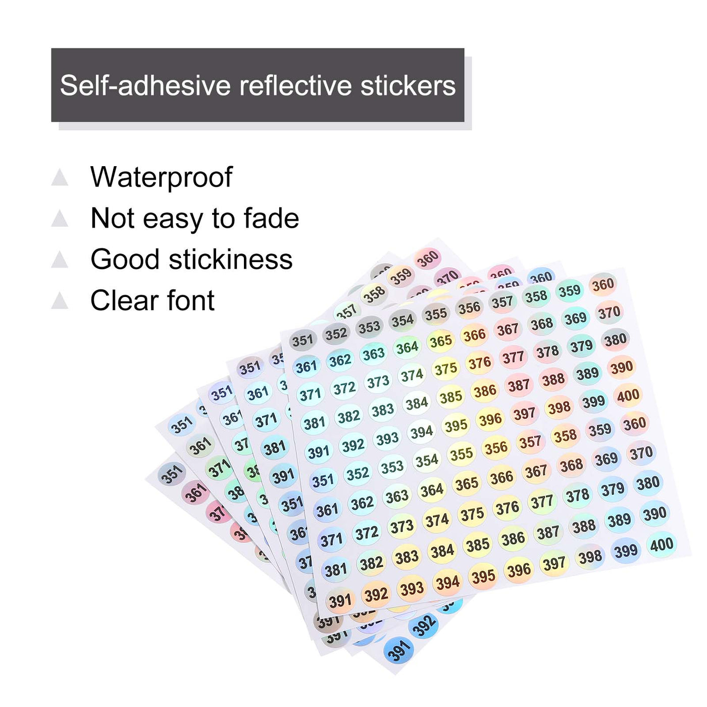 Harfington Laser Number Stickers, Number 351 to 400 Round Self Adhesive Reflective Sticker for Inventory, Storage Organizing, 10 Sheets(1000pcs)