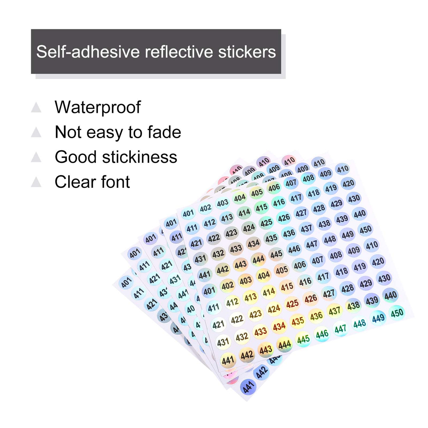 Harfington Laser Number Stickers, Number 401 to 450 Round Self Adhesive Reflective Sticker for Inventory, Storage Organizing, 10 Sheets(1000pcs)