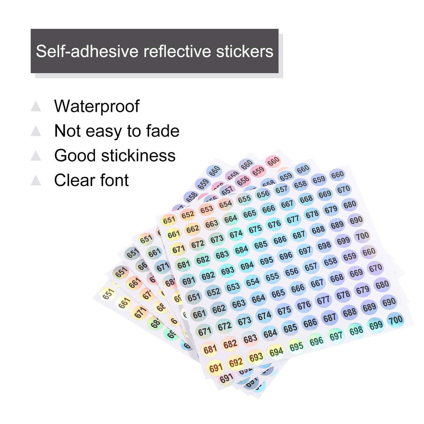 Harfington Laser Number Stickers, Number 651 to 700 Round Self Adhesive Reflective Sticker for Inventory, Storage Organizing, 10 Sheets(1000pcs)