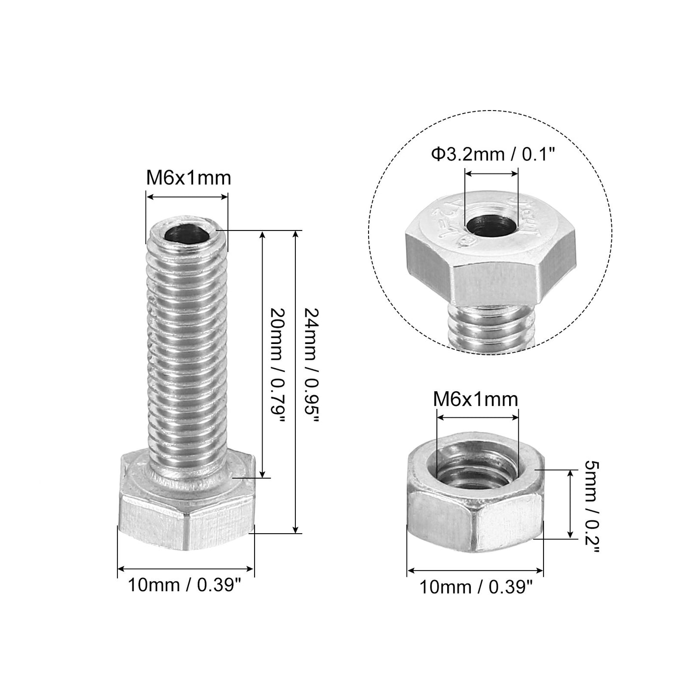 Harfington M6x20mm Hollow External Hexagon Screw, 3 Set Cylindrical Lamp Threading Socket Screws Through Hole Bolt with Nut 304 Stainless Steel