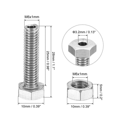 Harfington M6x25mm Hollow External Hexagon Screw, 3 Set Cylindrical Lamp Threading Socket Screws Through Hole Bolt with Nut 304 Stainless Steel