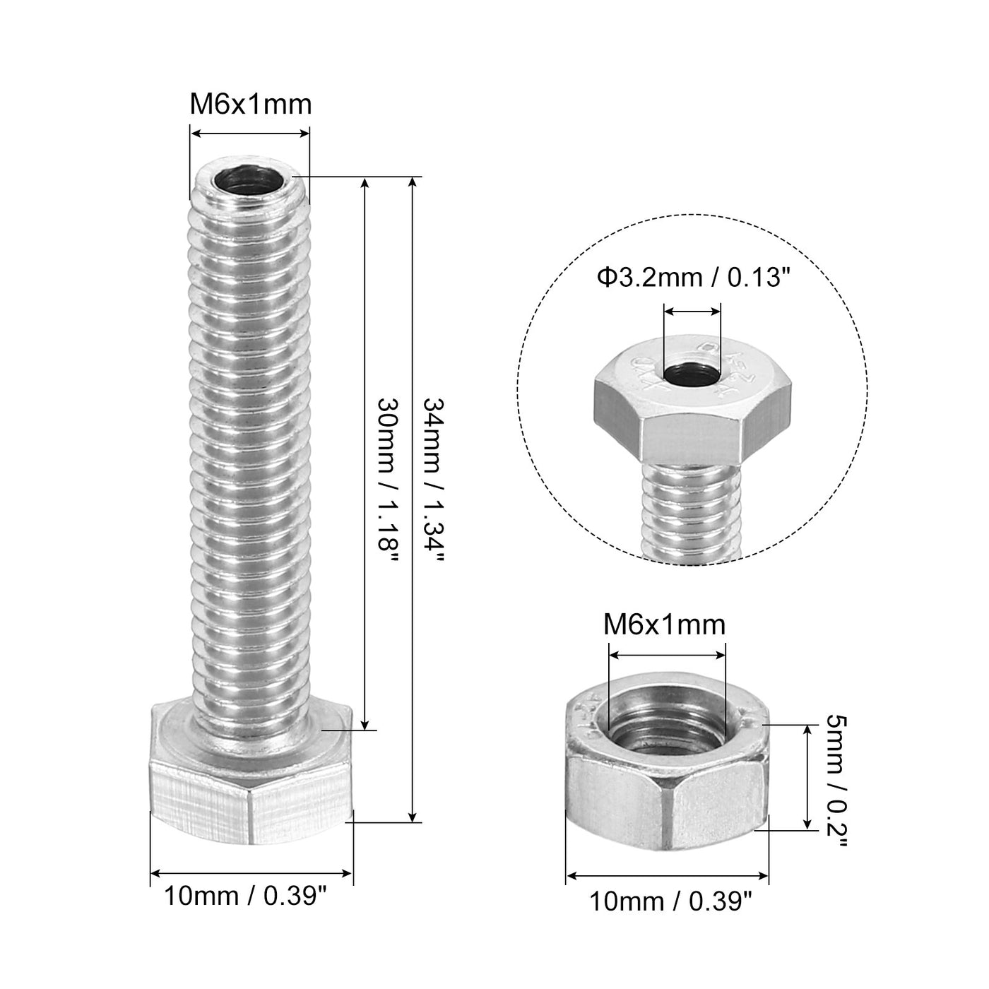 Harfington M6x30mm Hollow External Hexagon Screw, 3 Set Cylindrical Lamp Threading Socket Screws Through Hole Bolt with Nut 304 Stainless Steel