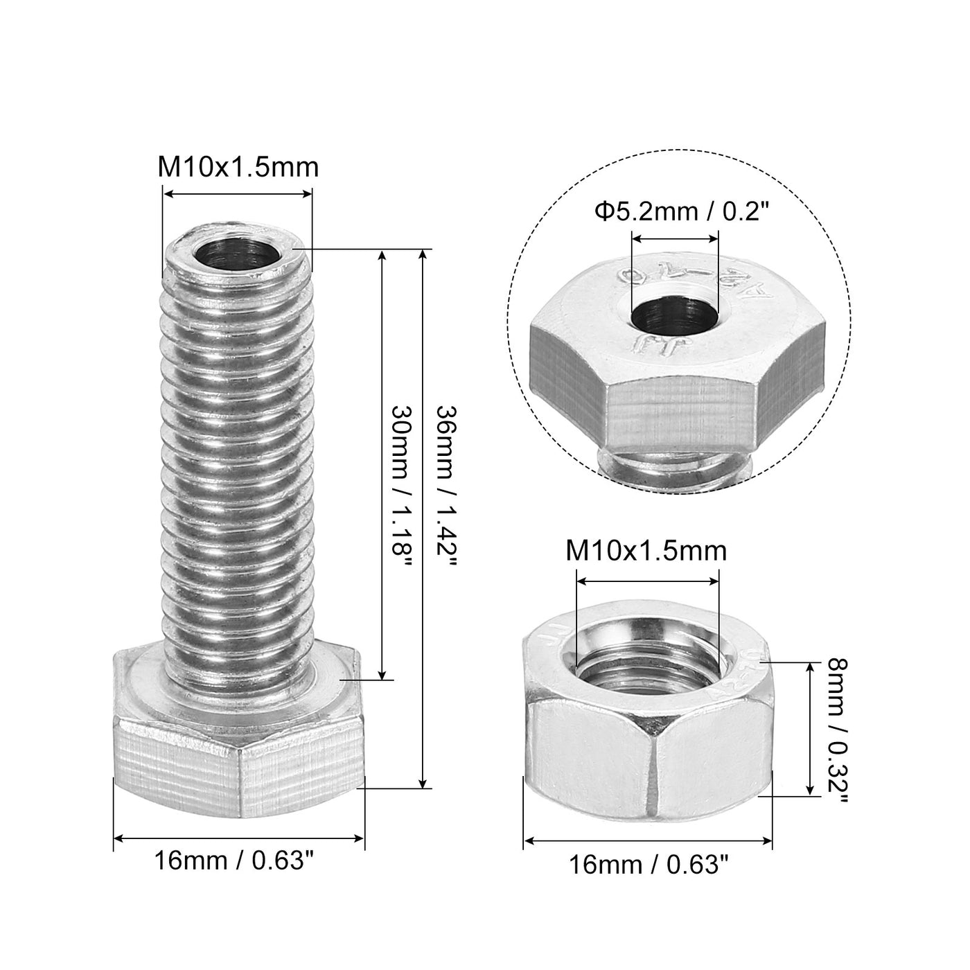 Harfington M10x30mm Hollow External Hexagon Screw, 3 Set Cylindrical Lamp Threading Socket Screws Through Hole Bolt with Nut 304 Stainless Steel