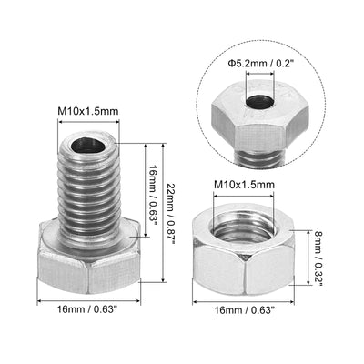 Harfington M10x16mm Hollow External Hexagon Screw, 3 Set Cylindrical Lamp Threading Socket Screws Through Hole Bolt with Nut 304 Stainless Steel