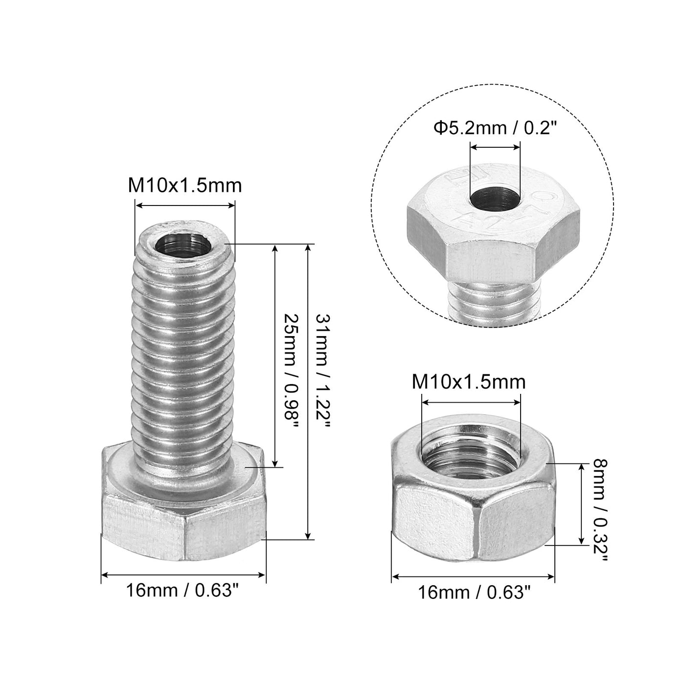 Harfington M10x25mm Hollow External Hexagon Screw, 3 Set Cylindrical Lamp Threading Socket Screws Through Hole Bolt with Nut 304 Stainless Steel
