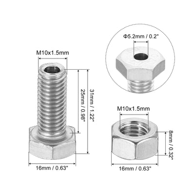 Harfington M10x25mm Hollow External Hexagon Screw, 3 Set Cylindrical Lamp Threading Socket Screws Through Hole Bolt with Nut 304 Stainless Steel
