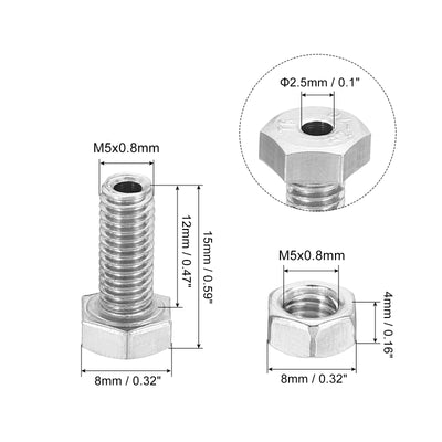 Harfington M5x12mm Hollow External Hexagon Screw, 2 Set Cylindrical Lamp Threading Socket Screws Through Hole Bolt with Nut 304 Stainless Steel