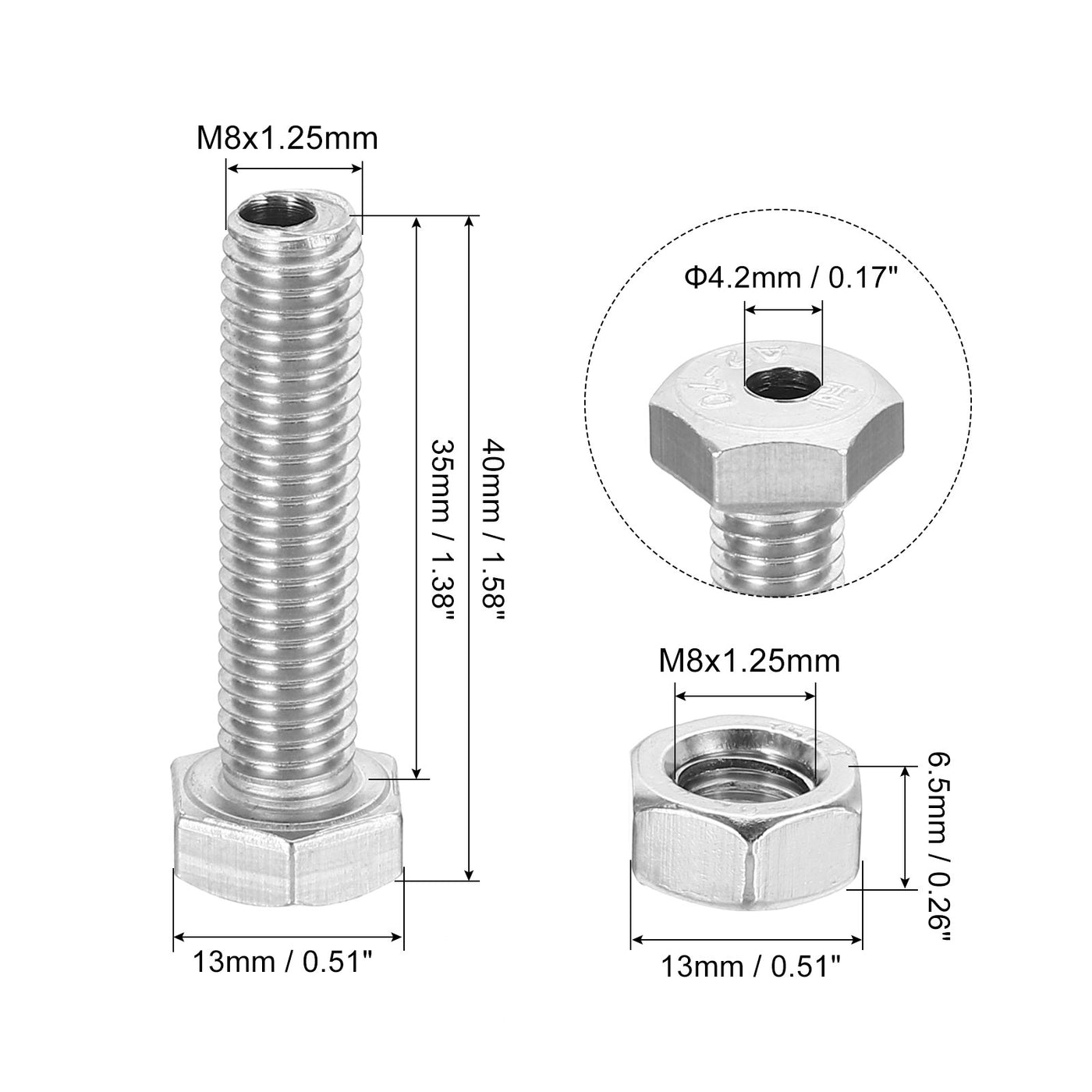 Harfington M8x35mm Hollow External Hexagon Screw, 2 Set Cylindrical Lamp Threading Socket Screws Through Hole Bolt with Nut 304 Stainless Steel