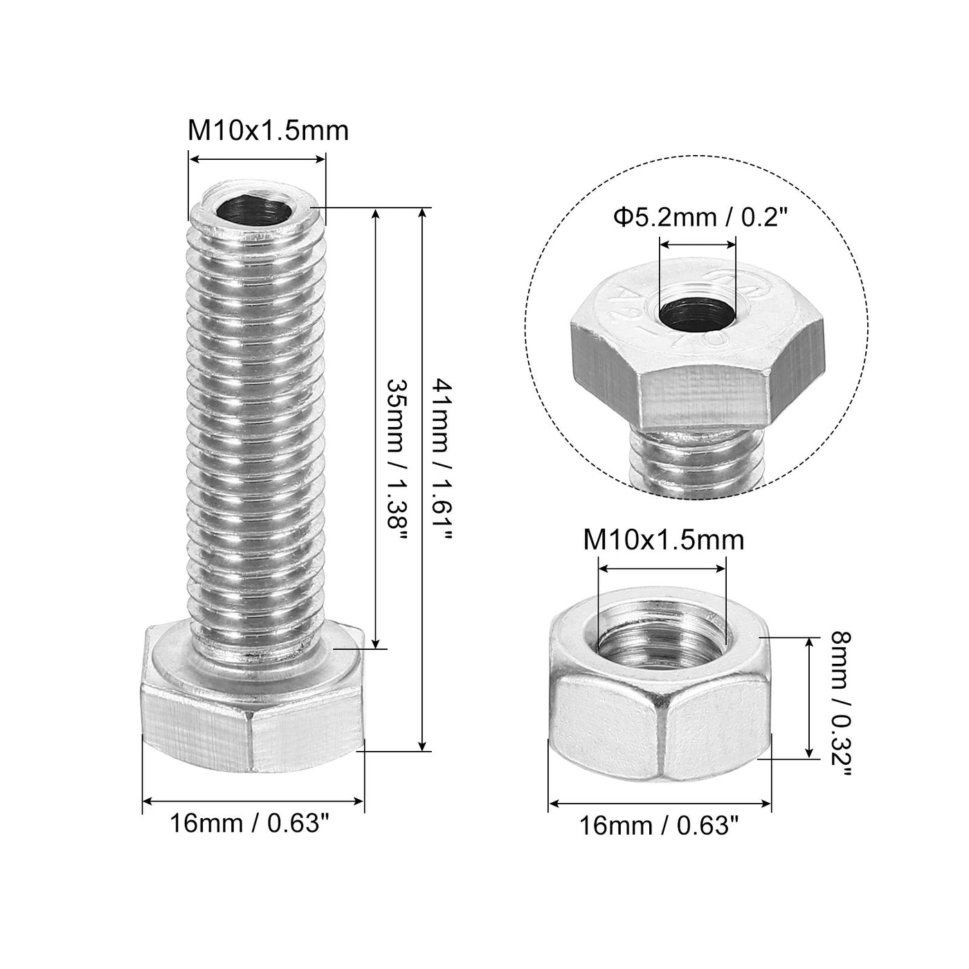 Harfington M10x35mm Hollow External Hexagon Screw, 2 Set Cylindrical Lamp Threading Socket Screws Through Hole Bolt with Nut 304 Stainless Steel