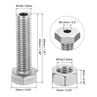 Harfington M10x40mm Hollow External Hexagon Screw, 2 Set Cylindrical Lamp Threading Socket Screws Through Hole Bolt with Nut 304 Stainless Steel