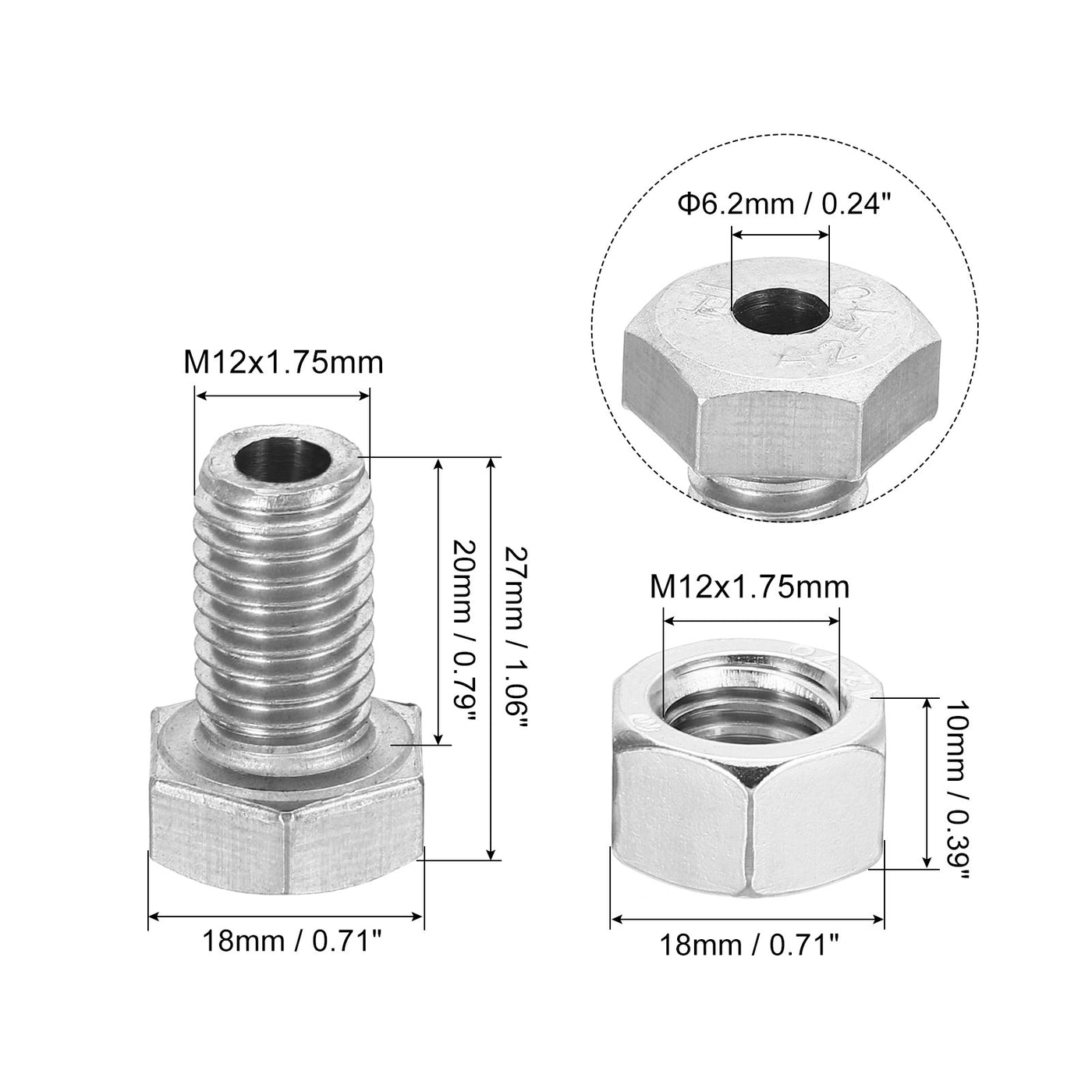 Harfington M12x20mm Hollow External Hexagon Screw, 2 Set Cylindrical Lamp Threading Socket Screws Through Hole Bolt with Nut 304 Stainless Steel