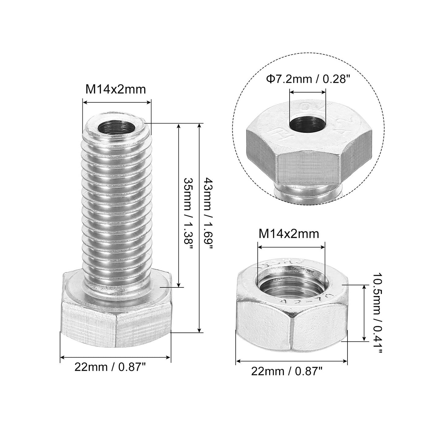 Harfington M14x35mm Hollow External Hexagon Screw, 2 Set Cylindrical Lamp Threading Socket Screws Through Hole Bolt with Nut 304 Stainless Steel