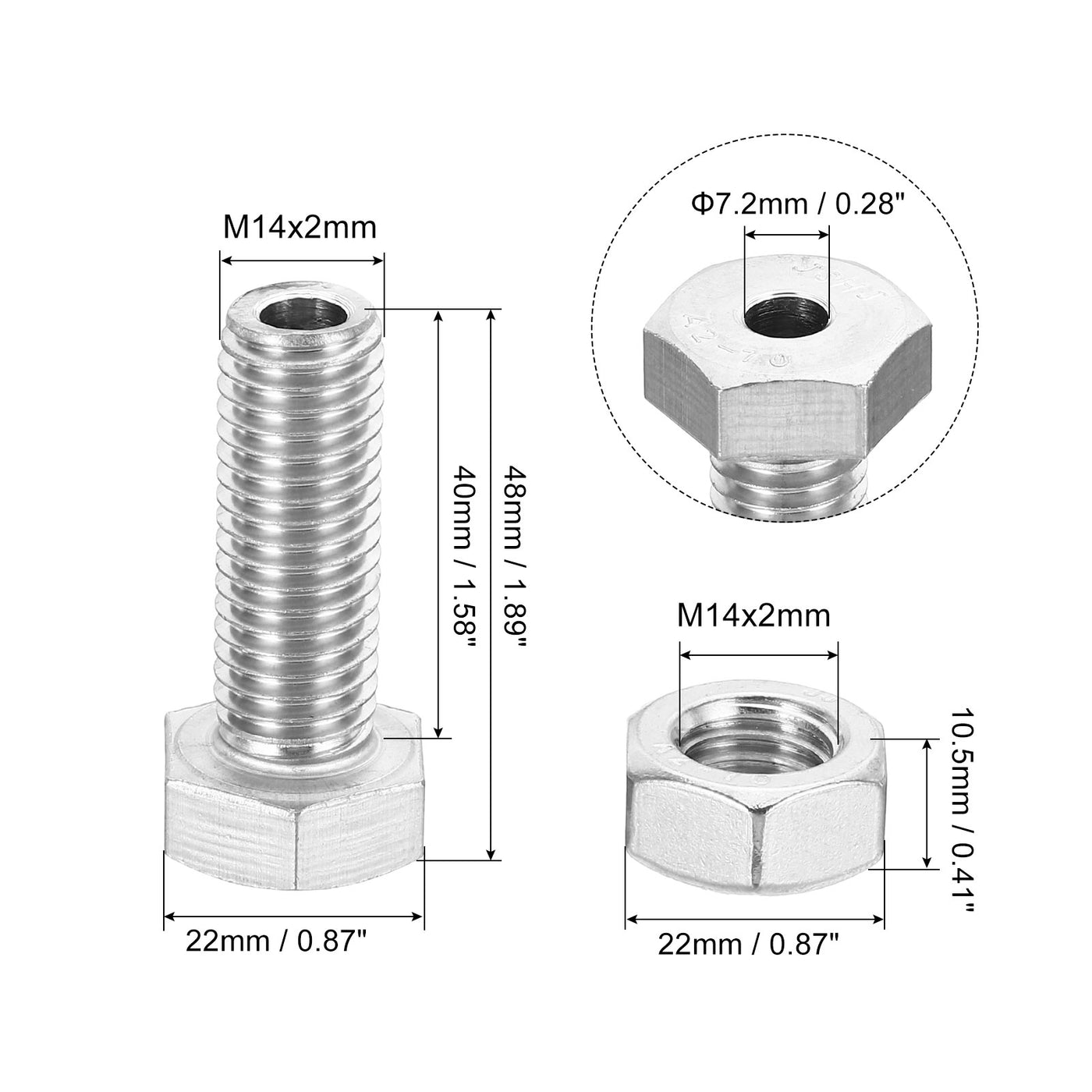 Harfington M14x40mm Hollow External Hexagon Screw, 2 Set Cylindrical Lamp Threading Socket Screws Through Hole Bolt with Nut 304 Stainless Steel