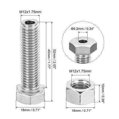 Harfington M12x45mm Hollow External Hexagon Screw, 2 Set Cylindrical Lamp Threading Socket Screws Through Hole Bolt with Nut 304 Stainless Steel