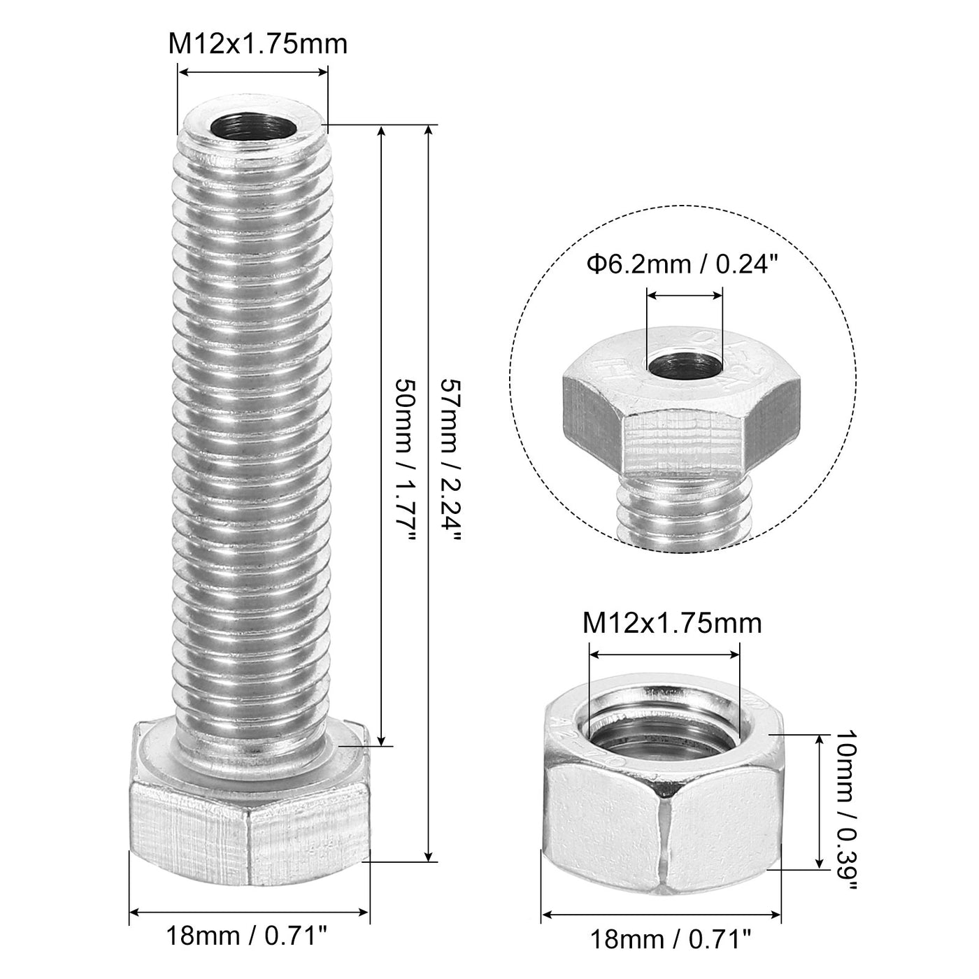 Harfington M12x50mm Hollow External Hexagon Screw, 2 Set Cylindrical Lamp Threading Socket Screws Through Hole Bolt with Nut 304 Stainless Steel