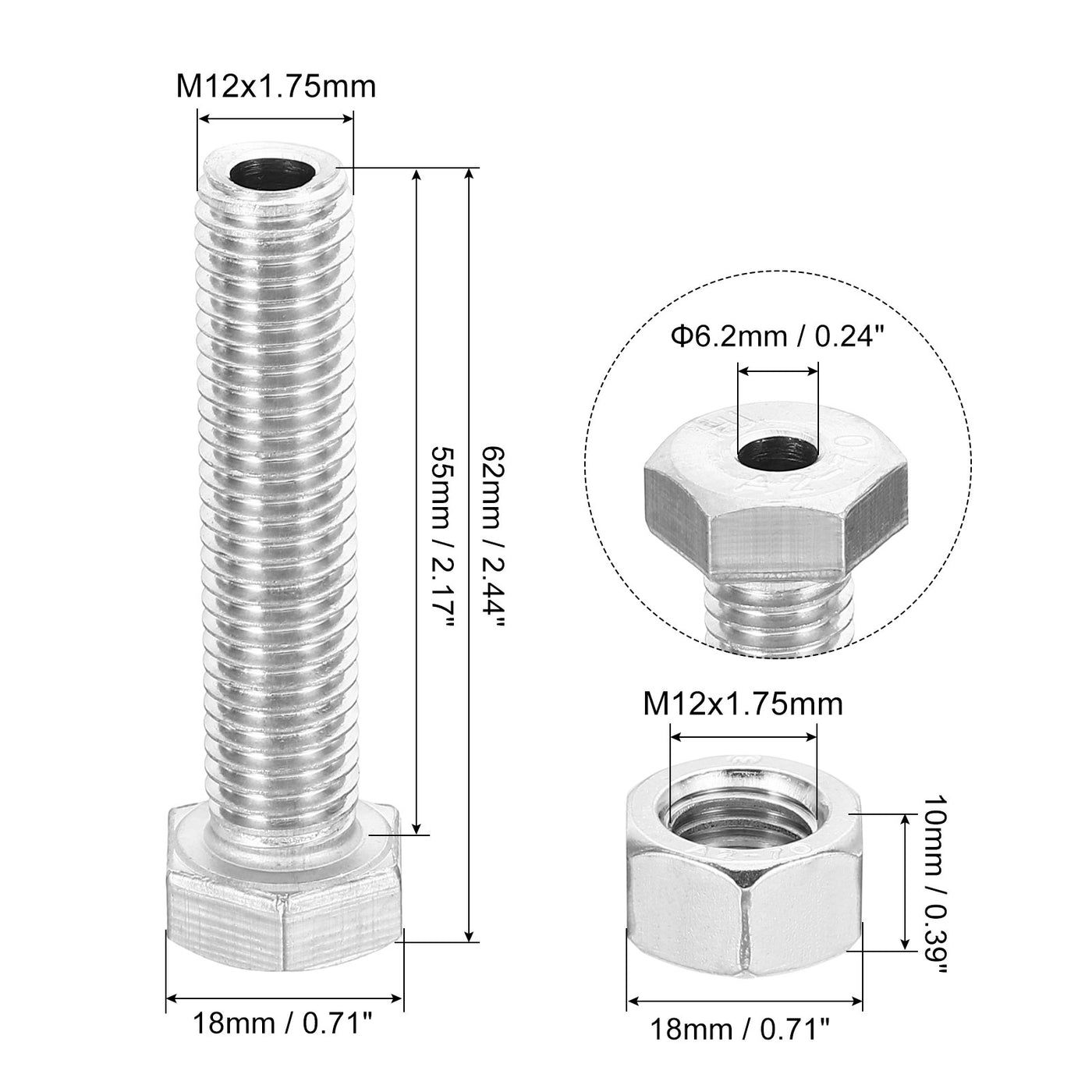 Harfington M12x55mm Hollow External Hexagon Screw, 2 Set Cylindrical Lamp Threading Socket Screws Through Hole Bolt with Nut 304 Stainless Steel