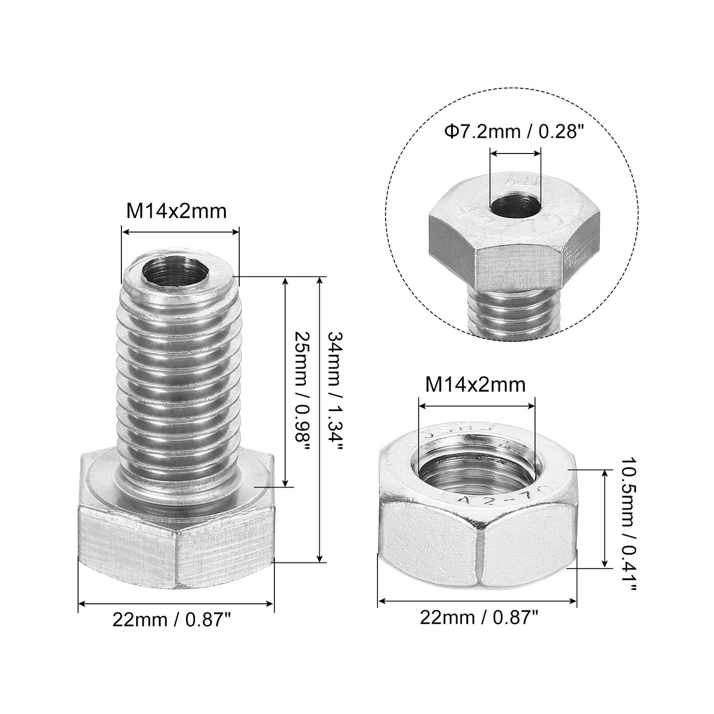Harfington M14x25mm Hollow External Hexagon Screw, 2 Set Cylindrical Lamp Threading Socket Screws Through Hole Bolt with Nut 304 Stainless Steel