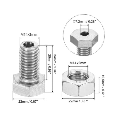 Harfington M14x25mm Hollow External Hexagon Screw, 2 Set Cylindrical Lamp Threading Socket Screws Through Hole Bolt with Nut 304 Stainless Steel