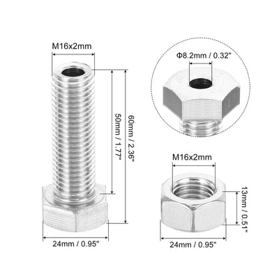 Harfington M16x50mm Hollow External Hexagon Screw, 2 Set Cylindrical Lamp Threading Socket Screws Through Hole Bolt with Nut 304 Stainless Steel