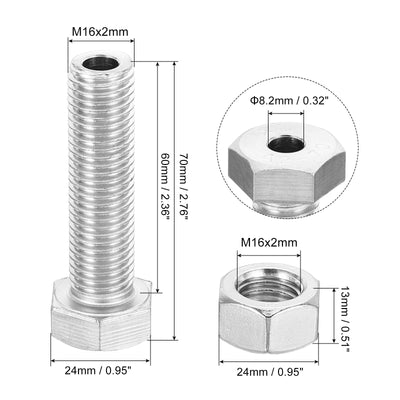 Harfington M16x60mm Hollow External Hexagon Screw, 2 Set Cylindrical Lamp Threading Socket Screws Through Hole Bolt with Nut 304 Stainless Steel