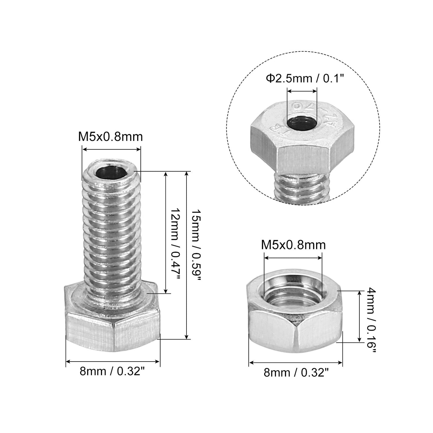 Harfington M5x12mm Hollow External Hexagon Screw, 3 Set Cylindrical Lamp Threading Socket Screws Through Hole Bolt with Nut 304 Stainless Steel