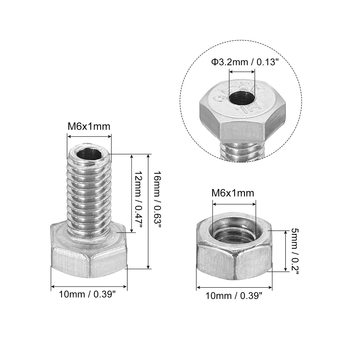 Harfington M6x12mm Hollow External Hexagon Screw, 3 Set Cylindrical Lamp Threading Socket Screws Through Hole Bolt with Nut 304 Stainless Steel