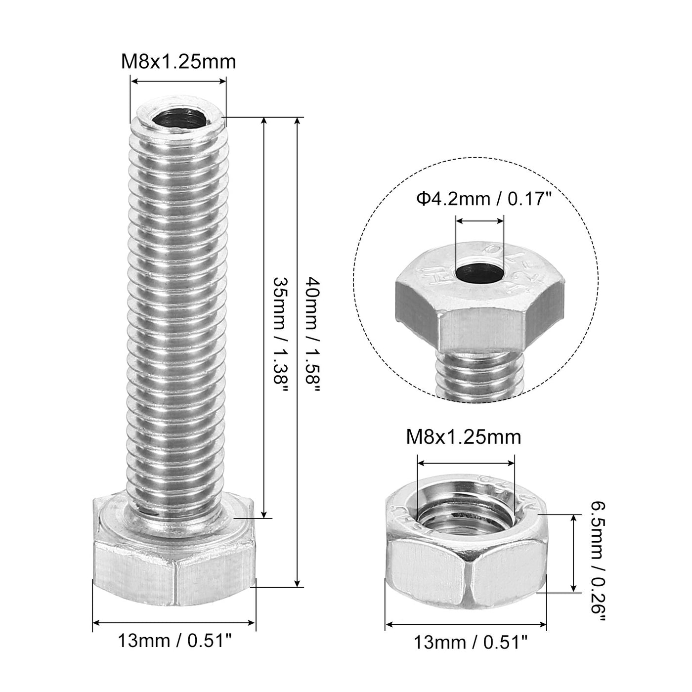 Harfington M8x35mm Hollow External Hexagon Screw, 3 Set Cylindrical Lamp Threading Socket Screws Through Hole Bolt with Nut 304 Stainless Steel
