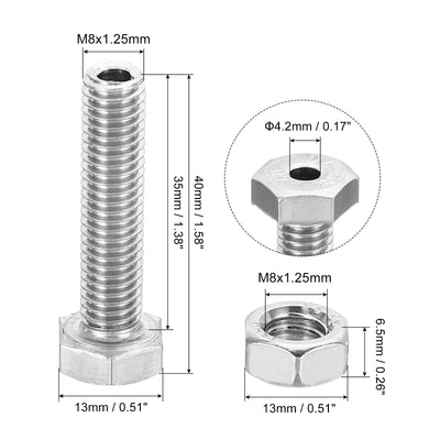 Harfington M8x35mm Hollow External Hexagon Screw, 3 Set Cylindrical Lamp Threading Socket Screws Through Hole Bolt with Nut 304 Stainless Steel